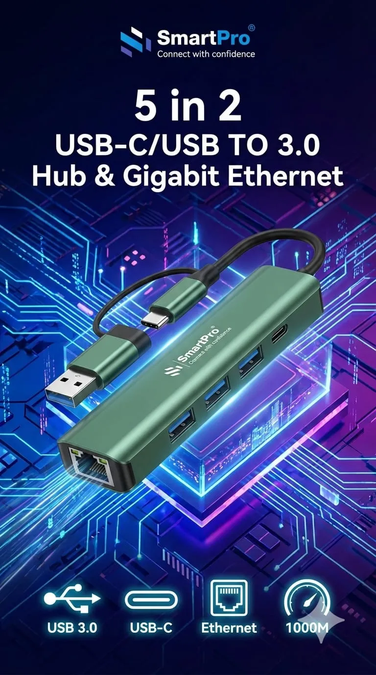 Smart-Pro Type C | USB to USB Hub 3 Ports 3.0 With LAN | Type C 5 in 2 (SP-TC502)